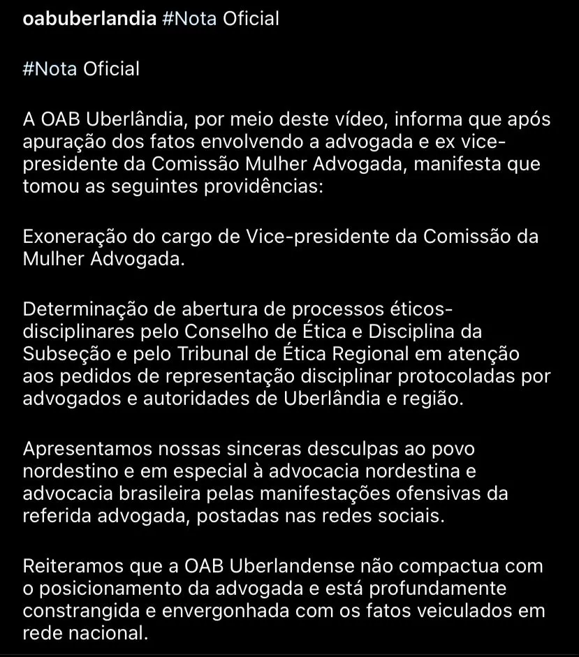 OAB se manifestou em nota publicada nas redes sociais.