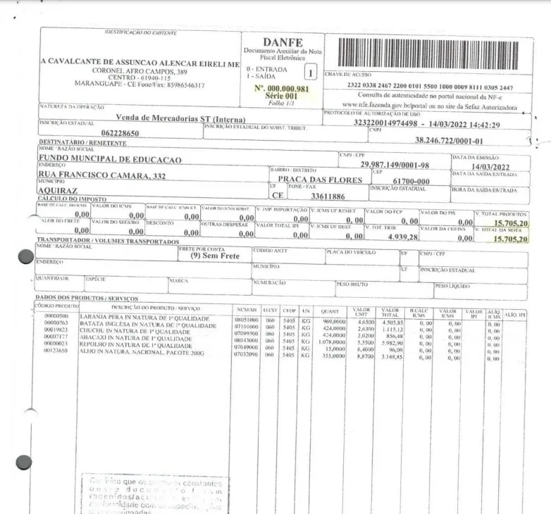 Uma das notas duplicadas para pagamento de alimentos pela Prefeitura de Aquiraz