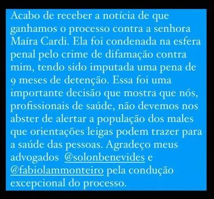 Nutrólogo compartilhou a vitória no processo contra Maíra Cardi