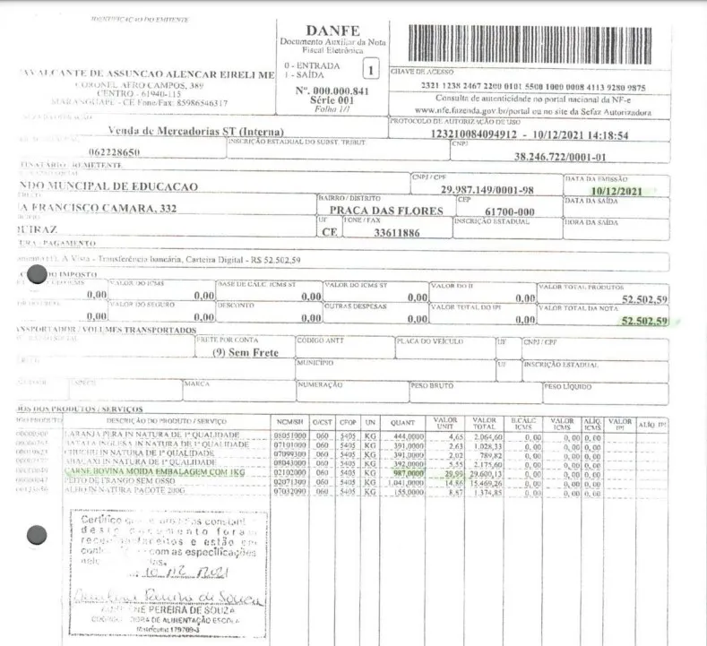 Nota fiscal para pagamento de alimentos em dezembro no município de Aquiraz