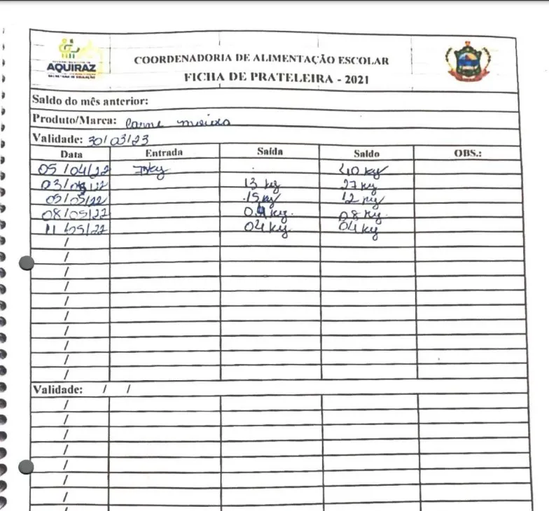 Ficha de prateleira de produtos da Coordenadoria de Alimentação Escolar de Aquiraz