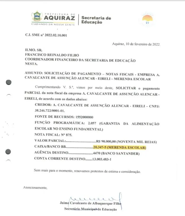 Nota de empenho para pagamento assinada por ex-secretário de educação de Aquiraz