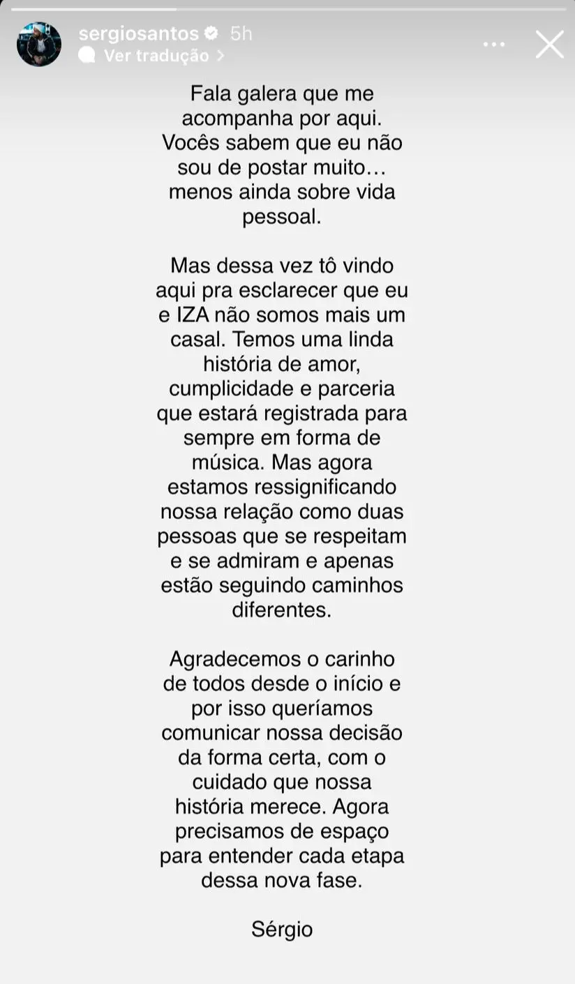 Print de pronunciamento de Sérgio Santos nos stories do Instagram