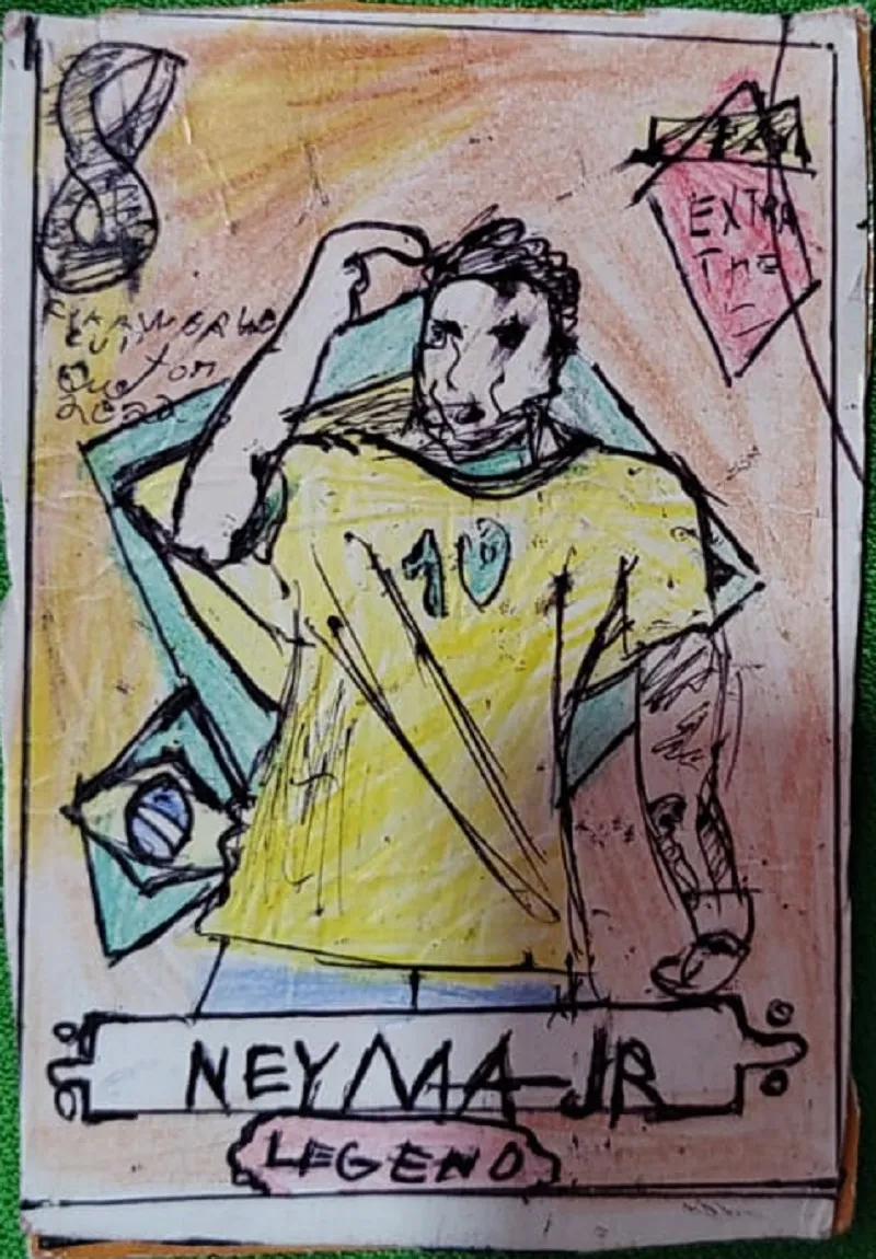 Arthur desenhou a figurinha de Neymar.