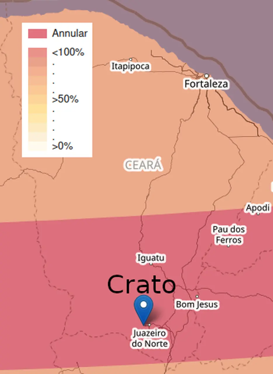 Mapa indicando áreas do eclipse anular