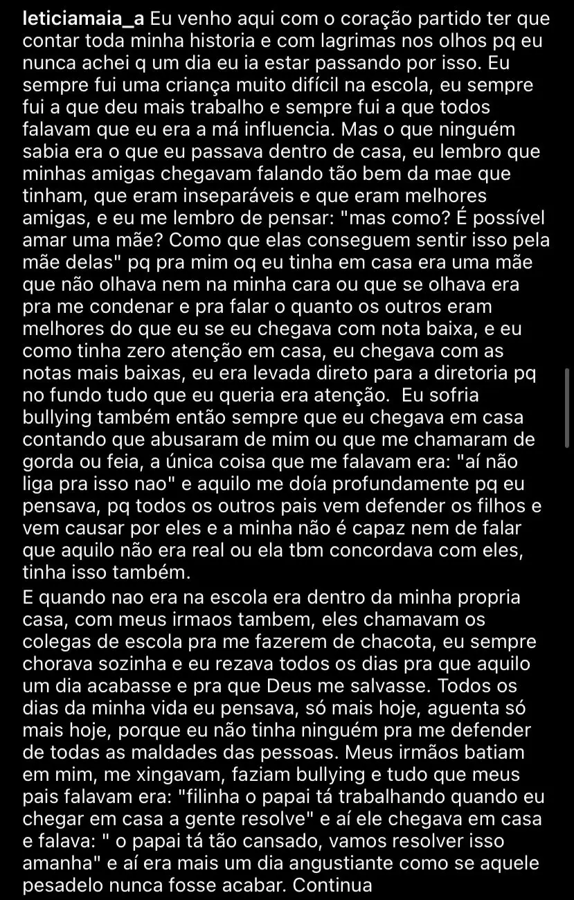 Print de postagem de Letícia nas redes sociais.