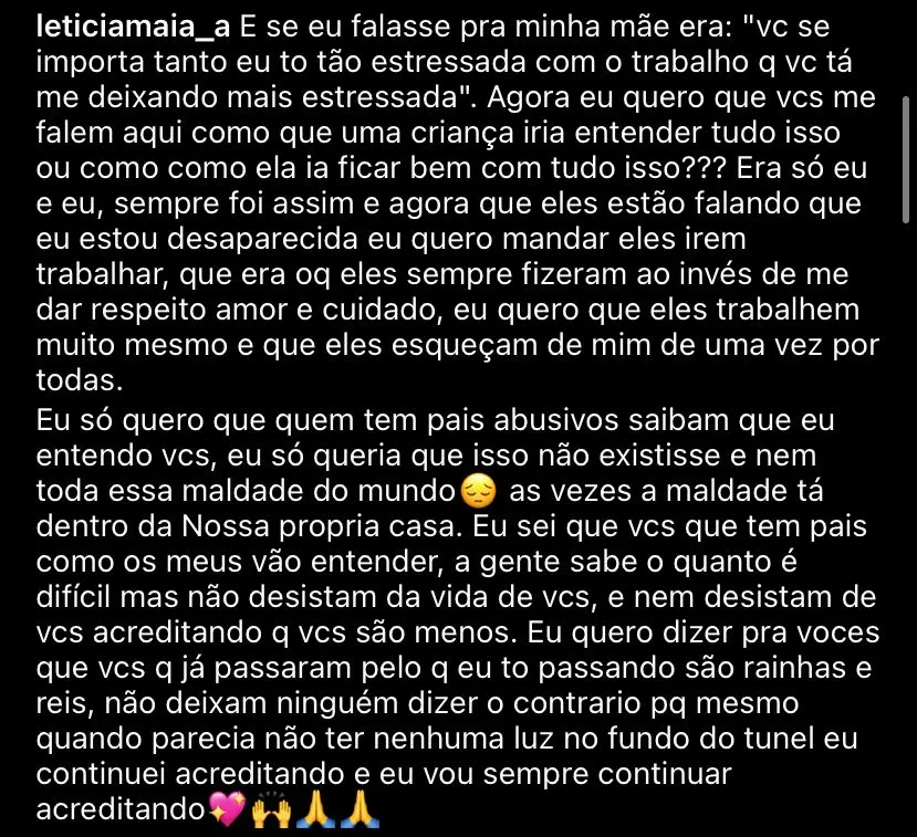 Continuação de postagem de Letícia nas redes sociais.