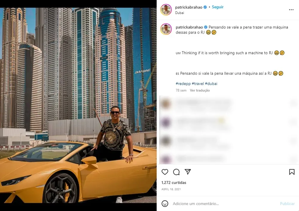 No Instagram, Patrick Abrahão exibe viagens, roupas de marca e carros de luxo