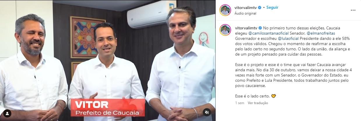 Vitor Valim, prefeito de Caucaia, anuncia apoio a Lula no Ceará