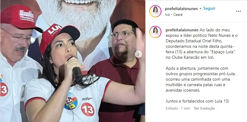 Laís Nunes (PDT), prefeita de Icó, anuncia apoio a Lula no Ceará