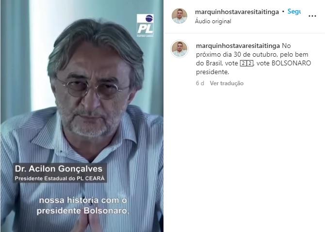 Marquinhos Tavares (PL), de Itaitinga, faz campanha para Bolsonaro no Ceará