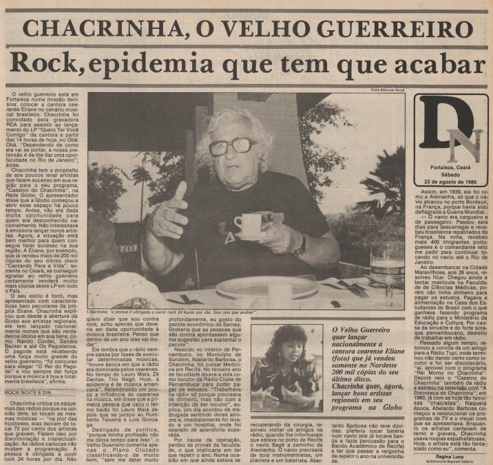 Entrevista com Chacrinha no Diário do Nordeste publicada no dia 23 de agosto de 1986
