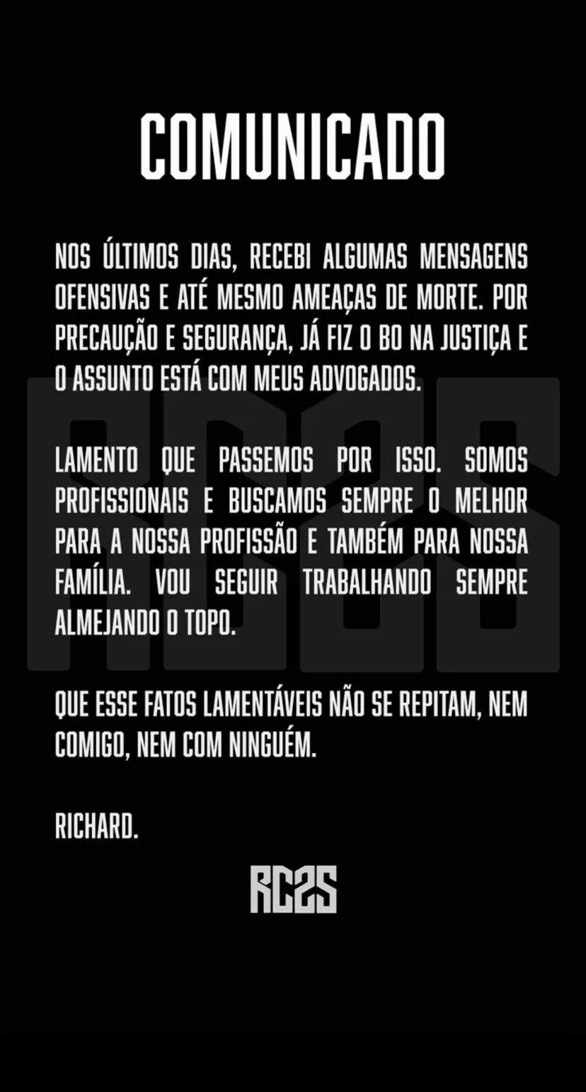 Richard fez post em sua rede social relatando ameaças de morte