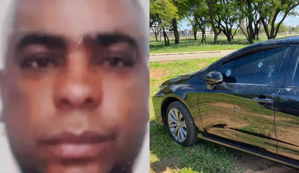 Montagem de fotos mostra, à esquerda, uma foto em 3x4 do oficial da Aeronáutica morto no latrocínio. Ele é um homem negro e de cabelo ralo e branco. À direita, a foto de um carro preto com marcas de tiros nas janelas e nas portas