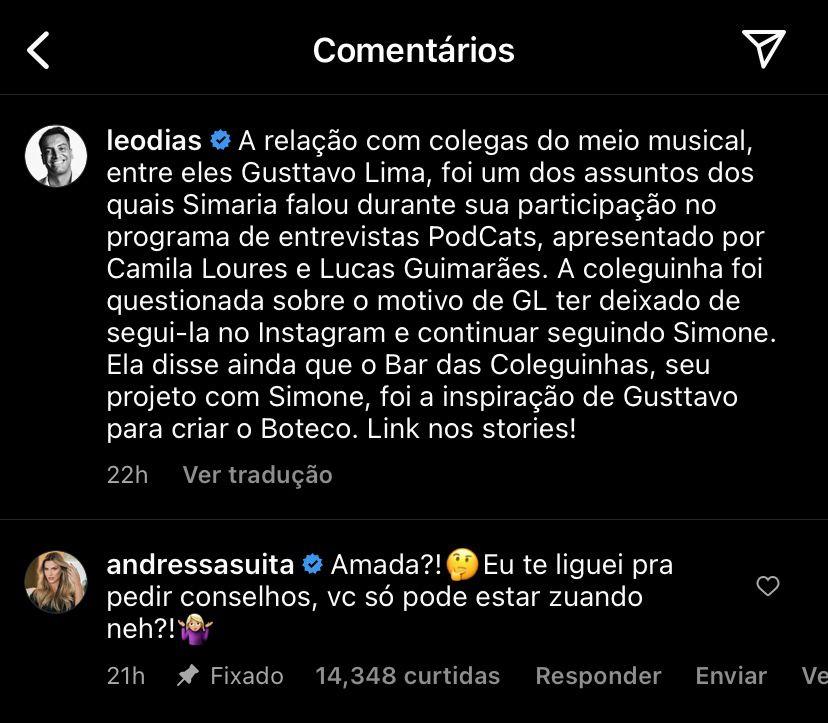Andressa Suita reponde postagem do Leo Dias sobre Simaria