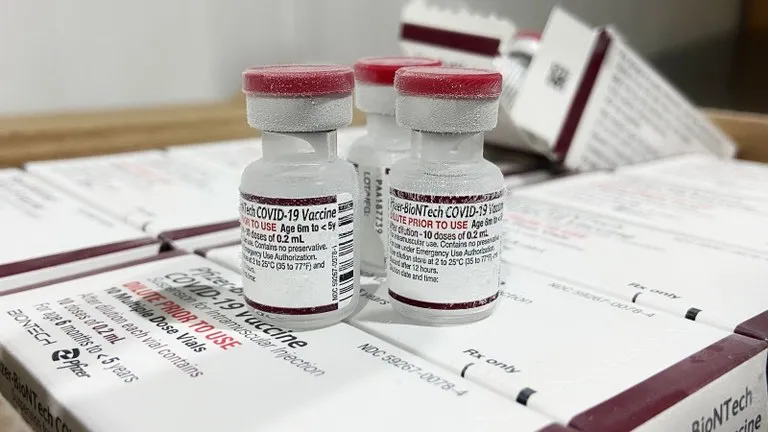 Frascos da nova vacina da Pfizer se diferenciam dos outros por uma tampa da cor vinho.