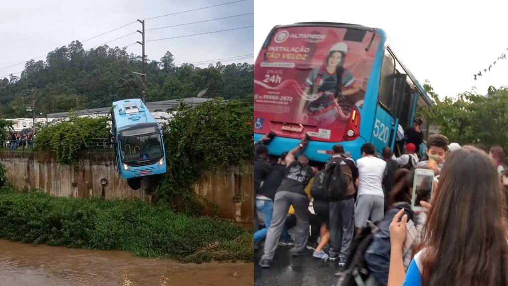 Fotos do acidente em que ônibus fica pendurado em ribanceira em Nova Friburgo, no Rio de Janeiro