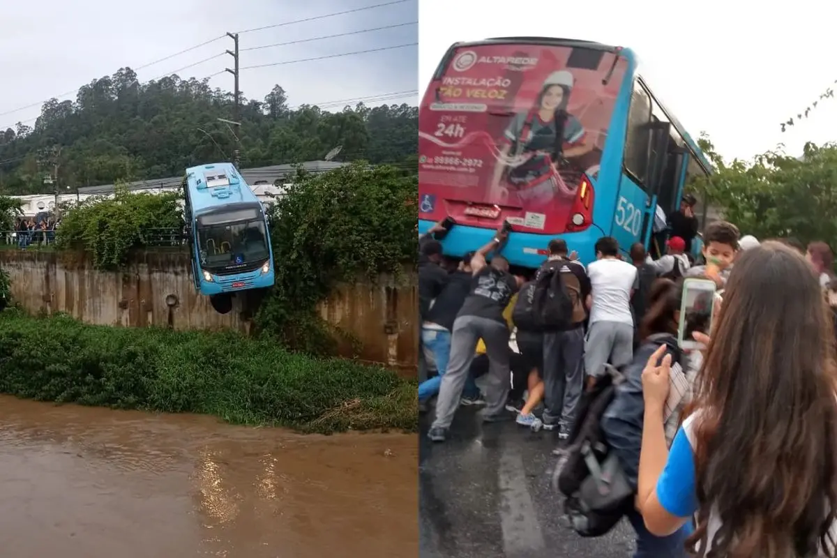 Fotos do acidente em que ônibus fica pendurado em ribanceira em Nova Friburgo, no Rio de Janeiro