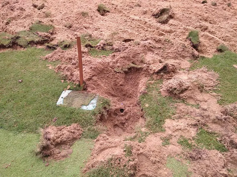Imagem mostra gramado sendo retirado de campo de futebol