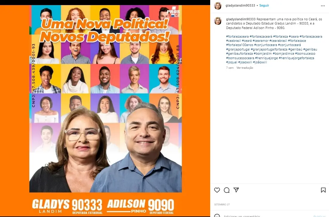 Gladys Landim tem apenas uma publicação nas redes sociais pedindo voto dos eleitores