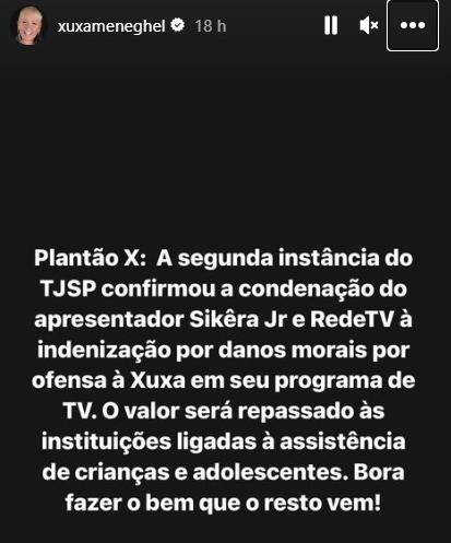 Publicação de Xuxa em rede social