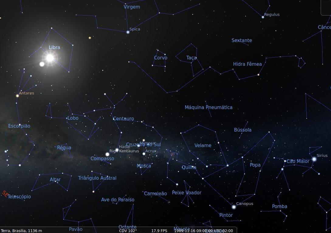 Constelações sobre o céu do Brasil às 9h00 da manhã no dia 15 de novembro