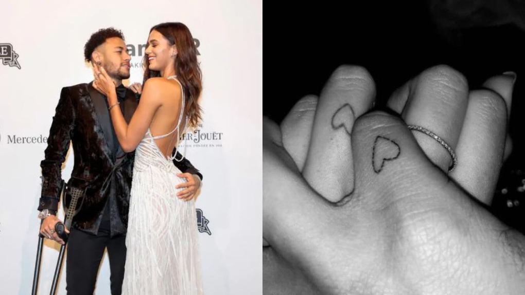 montagem com foto de neymar e bruna marquezine lado a lado e foto com detalhe da tatuagem dos dois