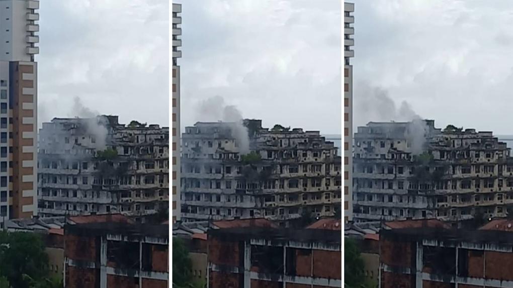Montagem com imagens de incêndio no Edifício São Pedro registrado em 22 de novembro de 2022 em Fortaleza