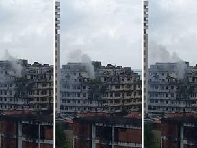Montagem com imagens de incêndio no Edifício São Pedro registrado em 22 de novembro de 2022 em Fortaleza