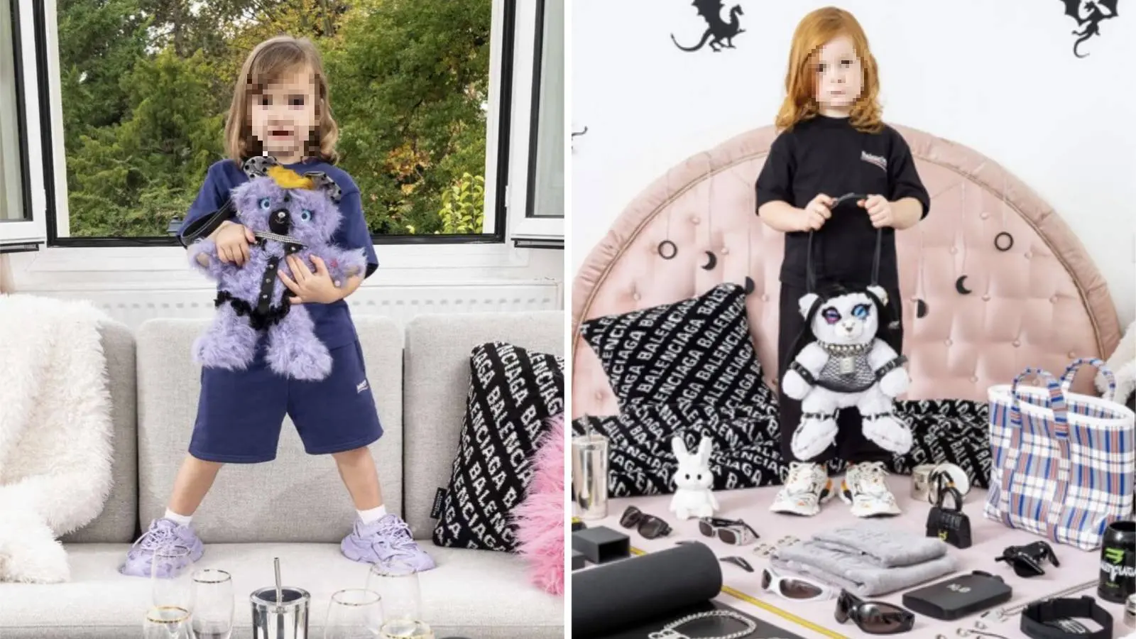 Campanha Balenciaga com crianças segurando bolsas em formato de ursos vestidos com roupas sadomasoquistas