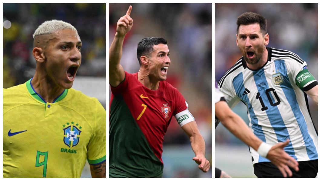 Montagem com fotos de Richarlison, Cristiano Ronaldo e Lionel Messi