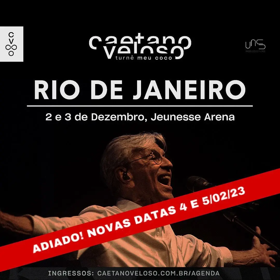 Comunicado de adiamento de shows de caetano no rio de janeiro