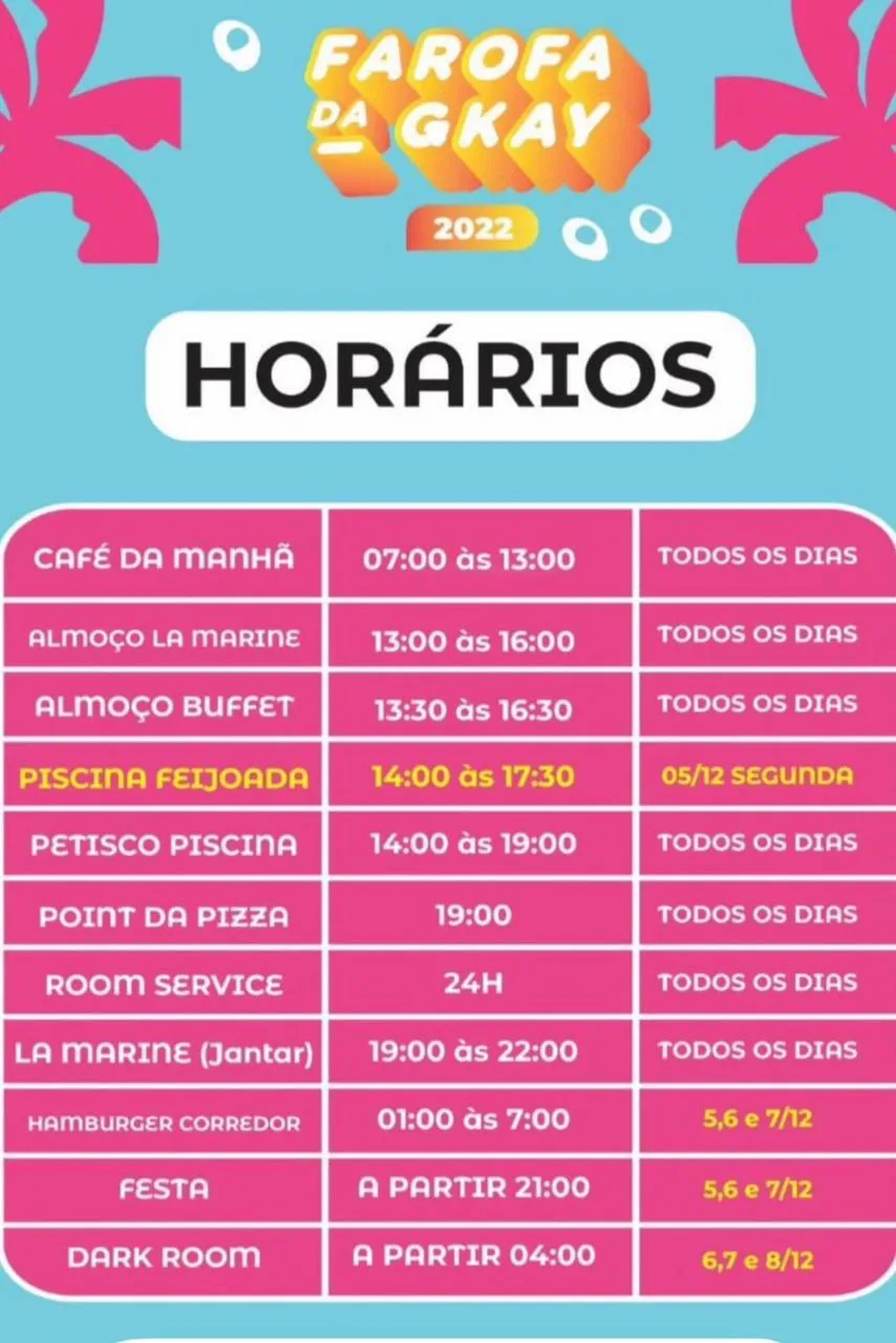 Com serviço de comida 24 horas, Farofa da Gkay oferece cardápio variado aos convidados