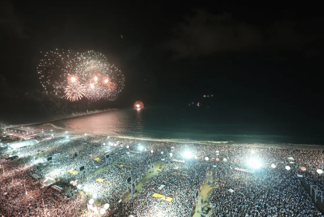 Multidão assistindo fogos de artifício durante festa de réveillon em Fortaleza no Ceará