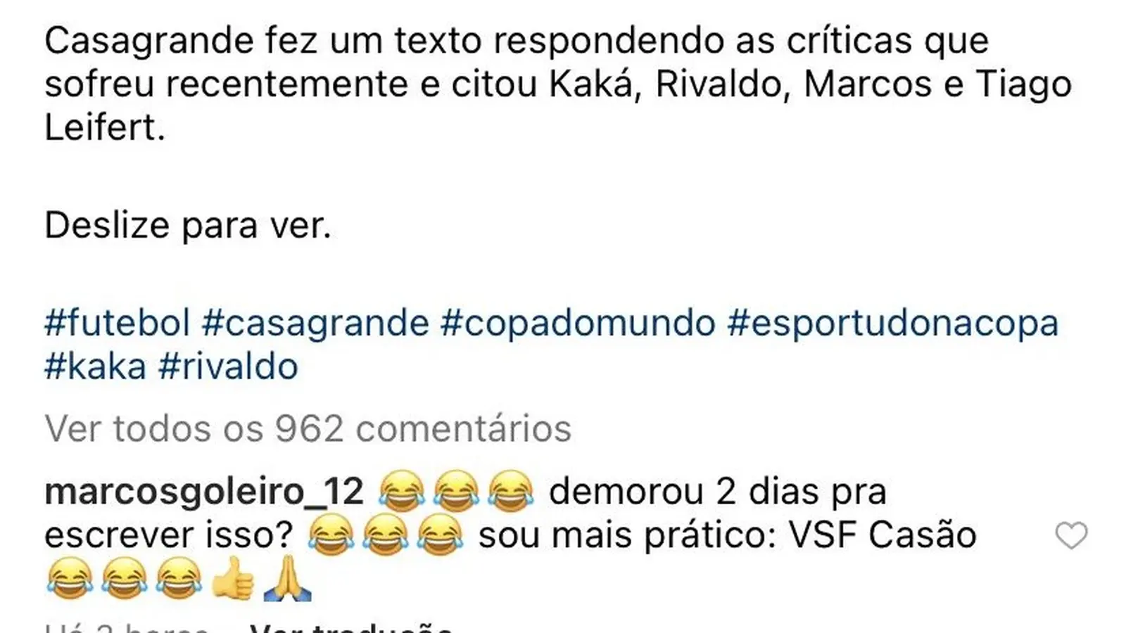 Goleiro Marcos em resposta a postagem nas redes sociais