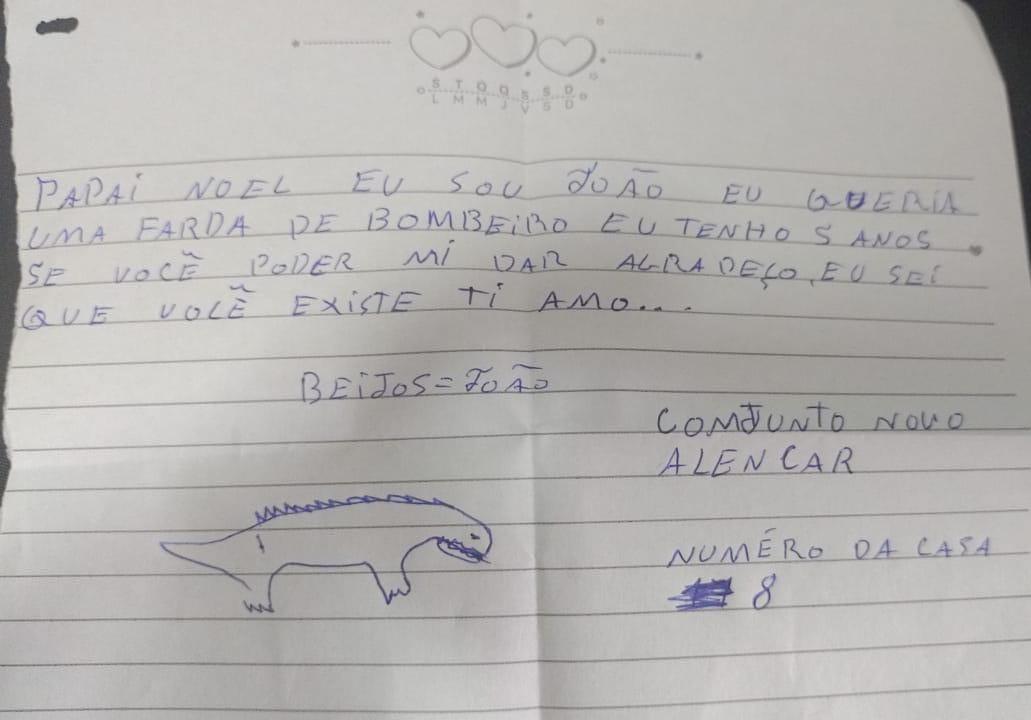 Cartinha de garoto de 5 anos que tem sonho de ganhar farda do Corpo de Bombeiros do Ceará