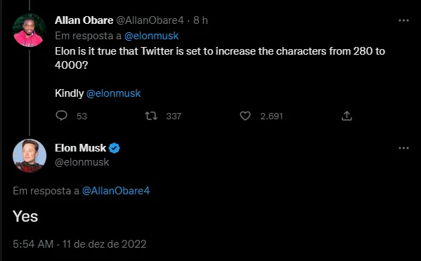 Elon Musk confirma pergunta de usuário sobre aumento de caracteres