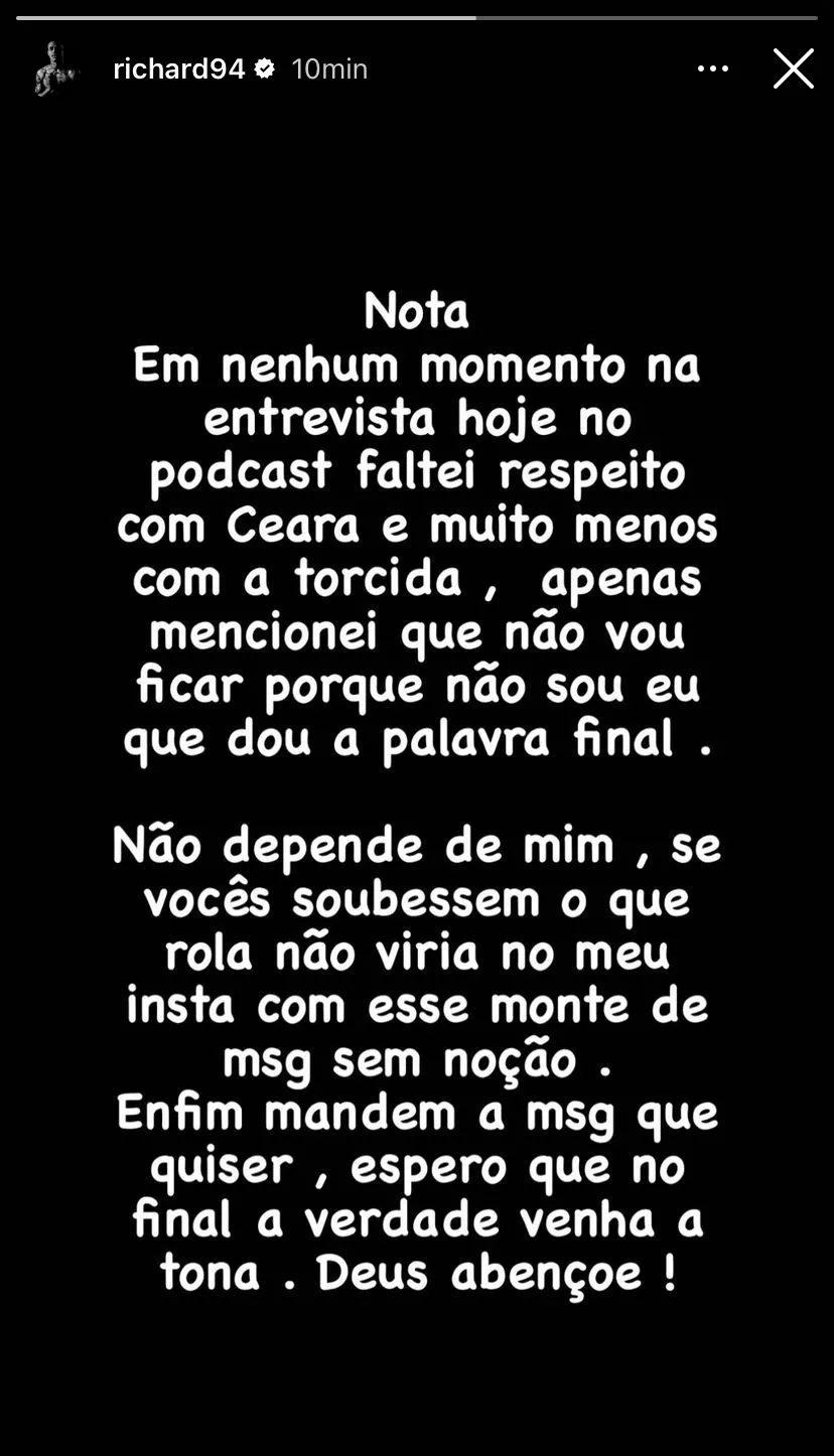 Riichard divulgou nota sobre declaração em podcast.