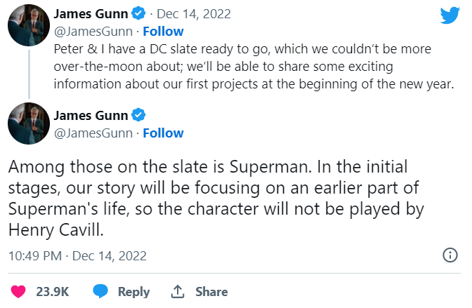 Print de tweet  em que  James Gunn anuncia que está escrevendo novo filme sobre superman