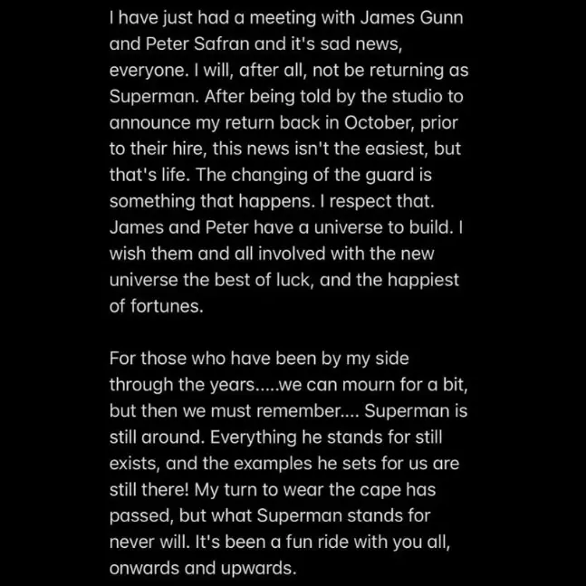 Print de pronunciamento de Henry Cavill em que anuncia que não interpretará mais o Superman