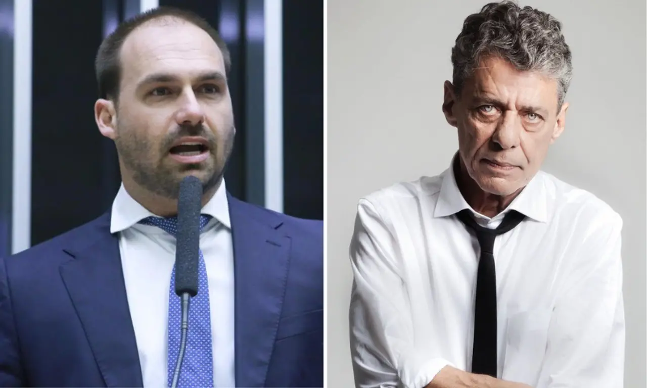 Montagem com fotos de Eduardo Bolsonaro e Chico Buarque