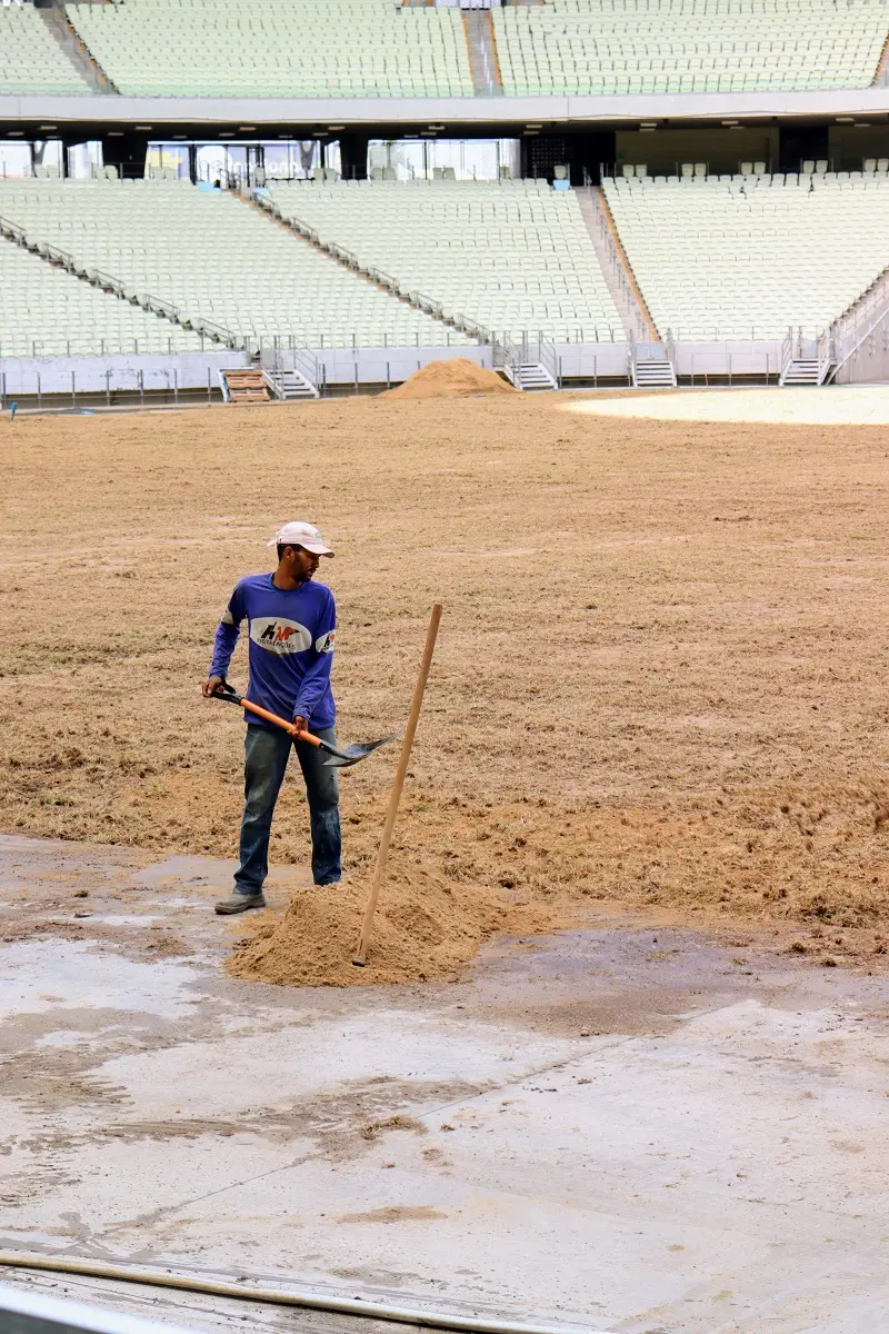 Imagem mostra campo de futebol e homem