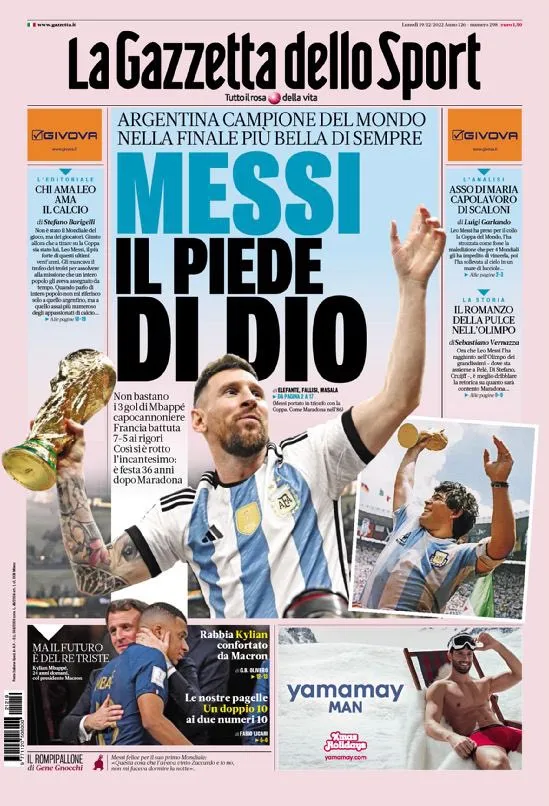 Capa do italiano La Gazzetta dello Sport diz: 'Messi, o pé de Deus.