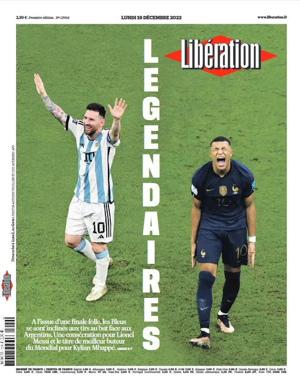 No francês Libération, Messi e Mbappé dividem a capa que traz o título 'Legendários'.