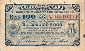 Anverso da apólice de 100 réis da Câmara Municipal de Fortaleza com assinatura do intendente Guilherme Cezar da Rocha