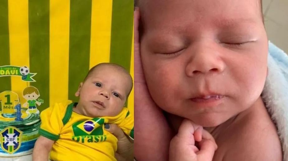 Montagem de fotos mostra o bebê Davi Marcos vestido com roupa da seleção brasileira de futebol