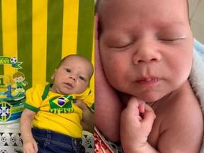 Montagem de fotos mostra o bebê Davi Marcos vestido com roupa da seleção brasileira de futebol