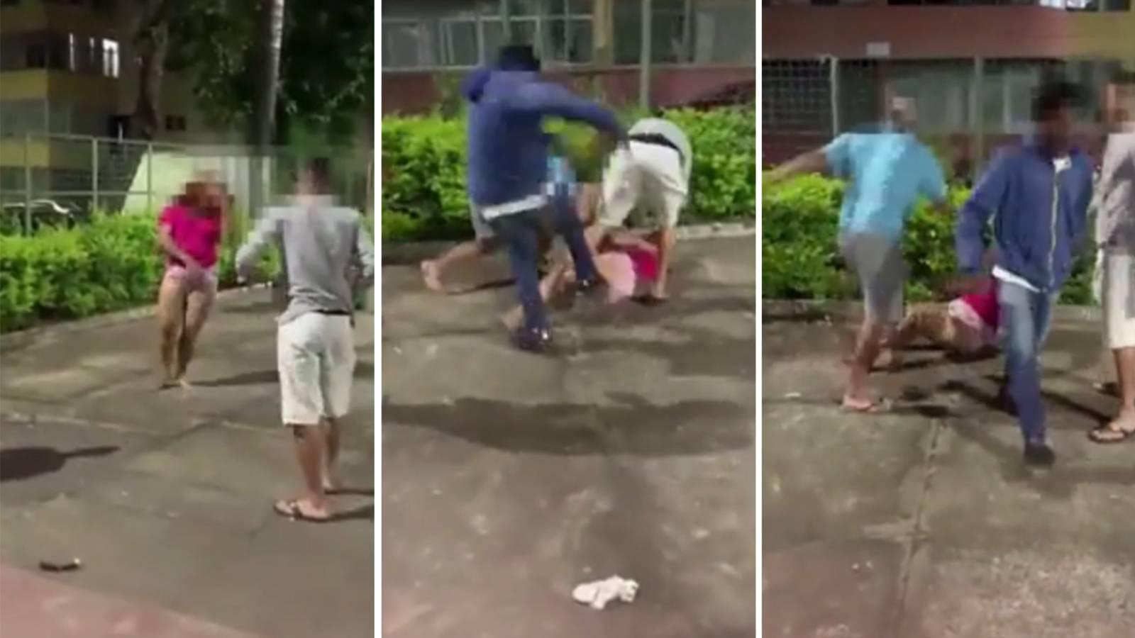 Montagem com três trechos de vídeo em que mulher trans é agredida por grupo de homens ao deixar o trabalho em Belo Horizonte