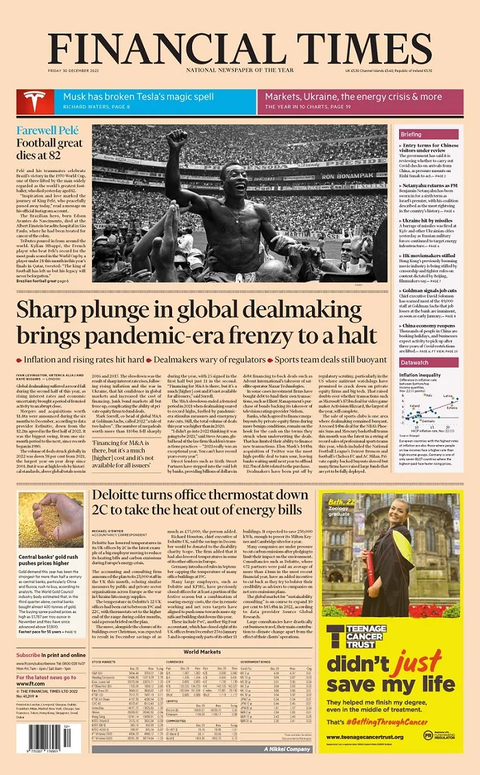 Financial Times, especializado em negócios, traz Pelé na capa.