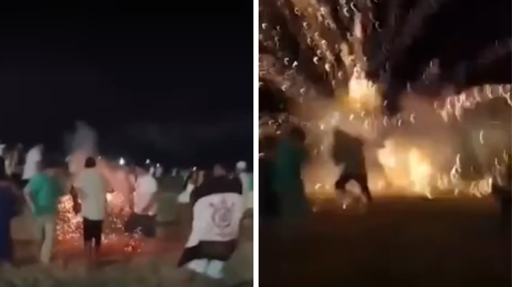 Montagem de duas fotos do vídeo que mostra mulher atingida por fogo de artifício